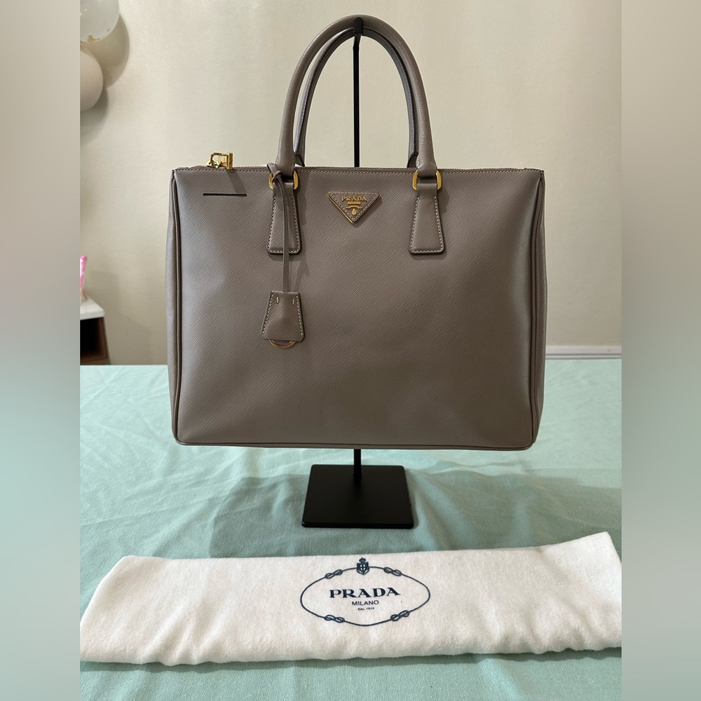 Prada Taupe Leather Handbag with Gold Accents